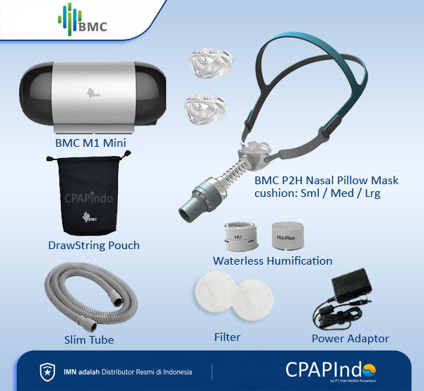 BMC M1 Mini Travel Auto CPAP + BMC P2H Nasal Pillow Mask